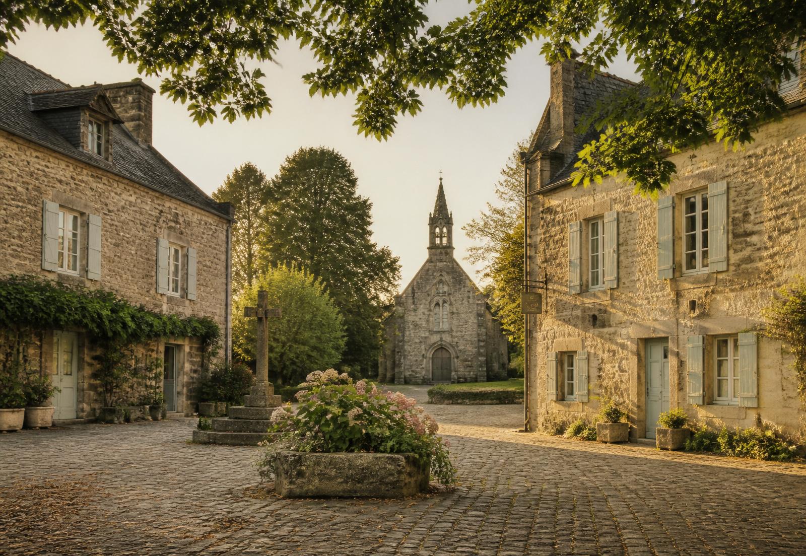 Village breton au crépuscule, ardoises et granit dans une lumière dorée