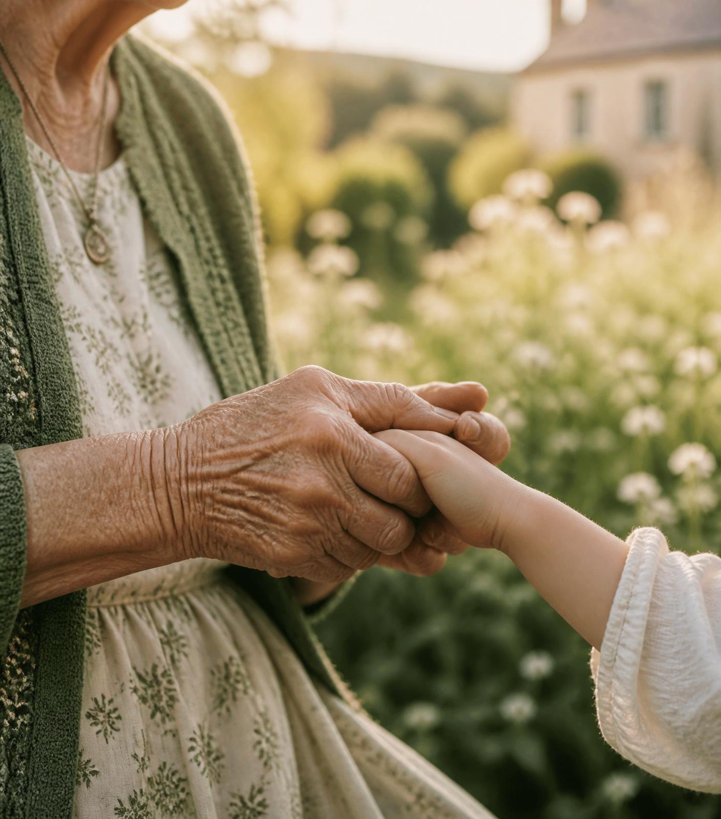Mains d'une grand-mère et d'un enfant unies dans un jardin